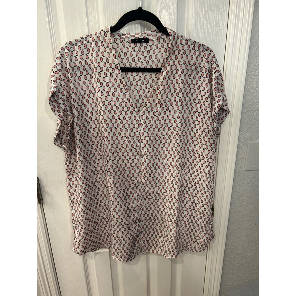 Pleione Blouse White Pink Navy Paisley V-Neck Short Sleeve Top 502093 XL